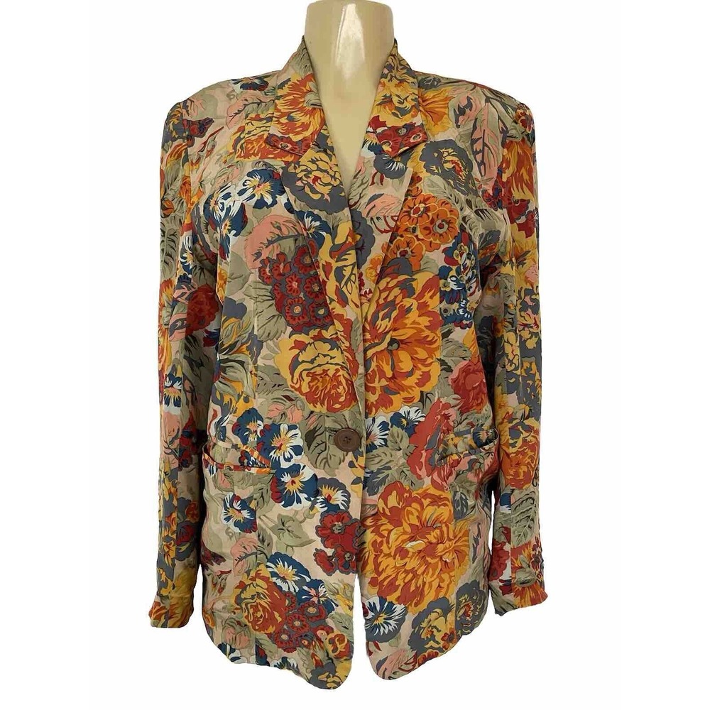 Vintage Galinda Wang Silk Blazer Jacket Floral Pockets One Button Lined …